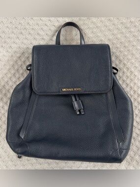 Michael Kors Ginger Medium Pebbled Leather Backpack Navy Blue Gold Tone Hardware